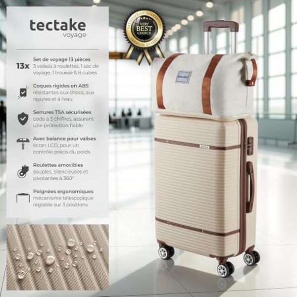 Découvrez notre test détaillé des valises tectake ABS 13 pièces : roulettes 360°, cadenas TSA et qualité de fabrication. Avis complet et conseils d'achat.